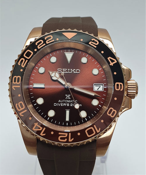 Bespoke Custom Build SUB Divers Watch Seiko NH36 Automatic ROOT BEER MOD Deployment  Strap