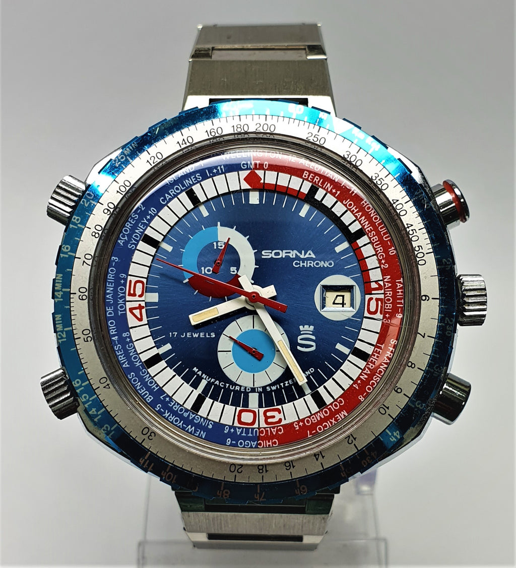 Vintage Swiss Chronograph SORNA World Time Slide Rule Pilots Watch