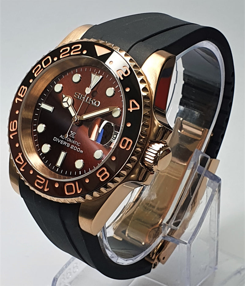 Bespoke Custom Build SUB Divers Watch Seiko NH36 Automatic ROOT BEER MOD Deployment Strap