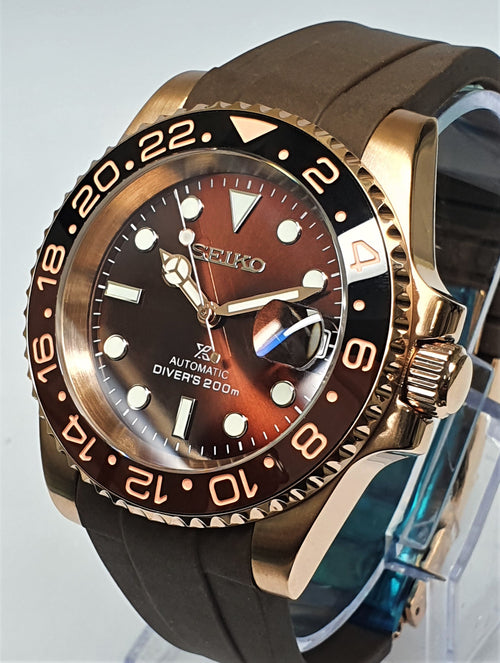 Bespoke Custom Build SUB Divers Watch Seiko NH36 Automatic ROOT BEER MOD Deployment  Strap