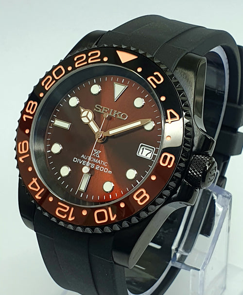Bespoke Custom Build SUB Divers Watch Seiko NH36 Automatic ROOT BEER MOD Deployment Strap